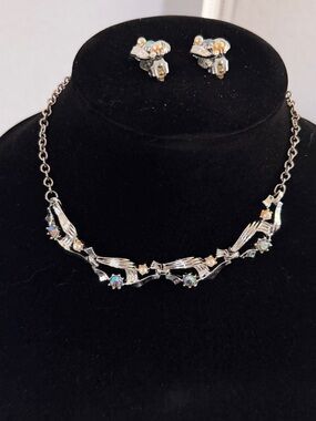 1950s NOS Aurora Borealis Rhinestone Necklace Earrings Set Original Princess Box
